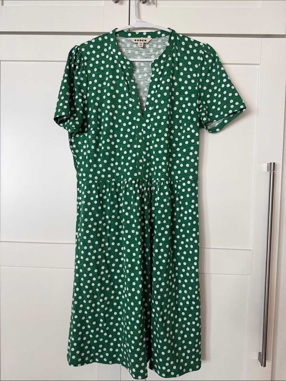 Boden Green and White Polka Dot V-Neck Dress